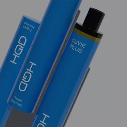 "High-quality 3D model of the popular E-Cigarette 'HQD Cuvie Plus' for Blender 3D. This 3D model features three blue hair product tubes stacked together, with smooth defined outlines and a clean logo design. Inspired by Olive Mudie-Cooke, the design showcases a sharp nose with rounded edges and a 3D cell-shaded texture, rendering it visually appealing."