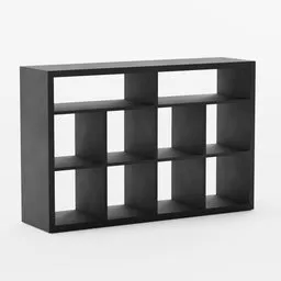 3D Blender model of a black shelving unit with cubicles for vinyl storage and DJ equipment, designed in collaboration with Swedish House Mafia.