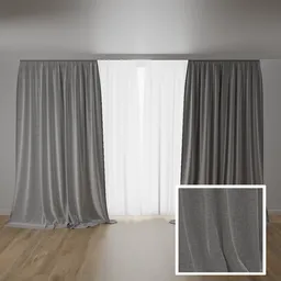 Detailed gray fabric curtain 3D model for Blender, showcasing texture and drape realism.