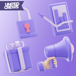 3D Blender icons for shopping: padlock, cart, gift, megaphone with violet hues, ideal for graphic and motion design.