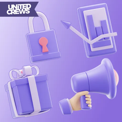 3D Blender icons for shopping: padlock, cart, gift, megaphone with violet hues, ideal for graphic and motion design.