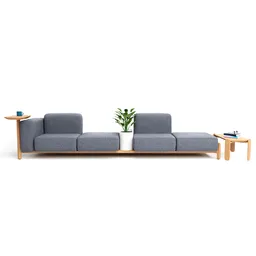 "Prostoria's Sabot sofa 3D model in Blender featuring playful abstract volumes and characterful timber feet. Inspired by Muqi and designed by Johannes Helgeson, the model includes articulated joints and clean minimalistic shapes. Packaged with a table and plant, perfect for creating a cozy living room scene."