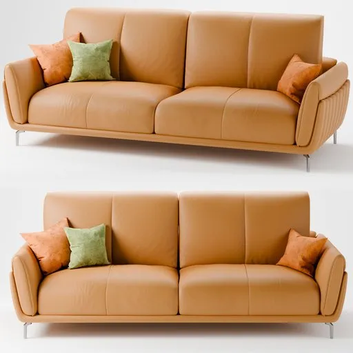 Beige upholstered 3D couch model with cushions, showcasing realistic textures and shadows, ideal for Blender rendering.