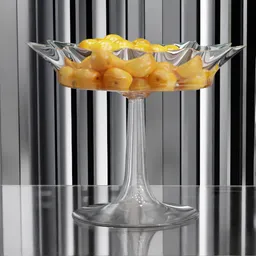 "Glass fruit bowl with oranges, a 3D model rendered using raytracing in Blender 3D software. This fruit bowl features a silver and yellow color scheme and a retrofuturistic aesthetic. Ideal for adding a touch of kitsch to your art and design projects."
