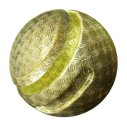 Seamless PBR metal ornament material with adjustable color, roughness, metallic properties, and texture scale for 3D modeling in Blender.