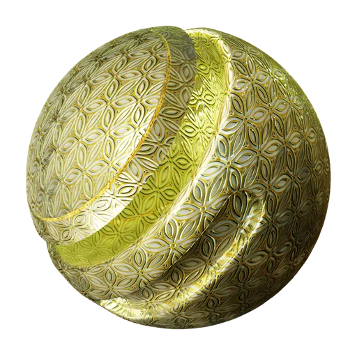 Seamless PBR metal ornament material with adjustable color, roughness, metallic properties, and texture scale for 3D modeling in Blender.