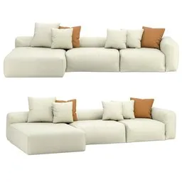 Realistic 3D-rendered sectional sofa with cushions for interior design visualizations in Blender.