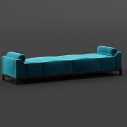 3D-rendered blue velvet couch model with bolstered ends for Blender.