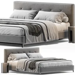 "Blender 3D model of a gray Minotti Andersen quilt bed with headboard and footboard, inspired by Caesar Andrade Faini. Extremely detailed with 313,767 polys and convenient unwarp feature. Dimensions of 215 x 225 x 102 H in centimeters."