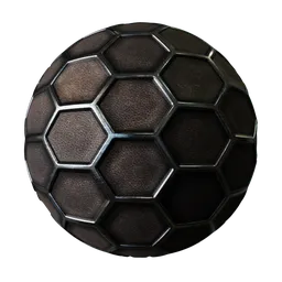 Hexagonal pattern PBR material for Blender 3D with realistic metal and leather, detailed smears, and displacement mapping.