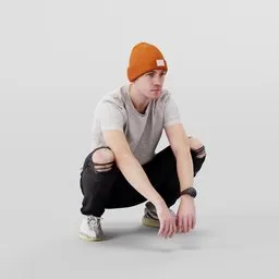 3D model of a squatting teenage male with orange hat and ripped jeans, designed for Blender.