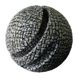 Seamless PBR Paving Stone material with configurable texture scale, aspect ratio, rotation, and surface properties for 3D rendering.