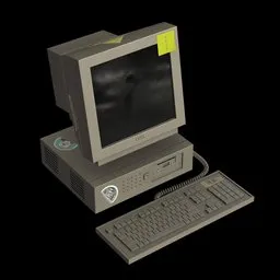 "Vintage 1970s desktop computer with keyboard and monitor, ideal for room decoration. This Blender 3D model features a nostalgic rendering reminiscent of the golden age seraph bunkers. Perfect for game icons, official artwork, websites, or thievery equipment concepts."