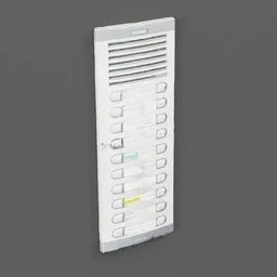 "High-quality 3D model of a Doorbell for Blender 3D. This exterior-other category model features a white air conditioner with buttons, inspired by Johann Ludwig Aberli. Perfect for apartment blocks, the 3D model includes names and is created using Blender 3D software."