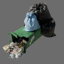 Broken garbage bin with trash