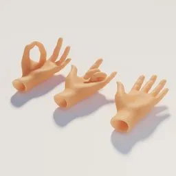 "Three miniature plastic hands on a white surface, rendered in 3D using Blender. Ideal for art projects, noise rock album covers, and product photography. Includes a unique material pack and fontawesome style, with directional lighting and a thumbs up gesture. Perfect for Blender 3D enthusiasts."