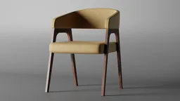 Detailed 3D model of a modern yellow fabric armchair with wooden legs, compatible with Blender for interior design.