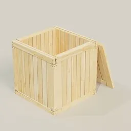 "Open Wooden Crate, a detailed 3D model for Blender 3D, featuring an open lid shipping crate found in warehouses. This photorealistic model showcases the craftsmanship of a wooden box with a lid on a white surface, perfect for storage and studio setups. Get this realistic 3D model from BlenderKit and enhance your Blender 3D projects."