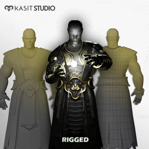Rigged 3D model of a wizard with glowing hands in Blender, showing wireframe and solid views.