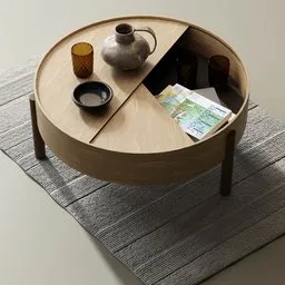 "Coffee Table Set - A Nordic-inspired, centered radial design with a redshift render. This 3D model showcases a round-cropped table with a magazine, tea pot, and stack of books on a side table, resembling the iconic IKEA style. Perfect for Blender 3D enthusiasts seeking real-world scale textures."