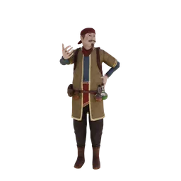 3D modeled medieval man in period attire, ideal for Blender graphics, with detailed textures and accessories.