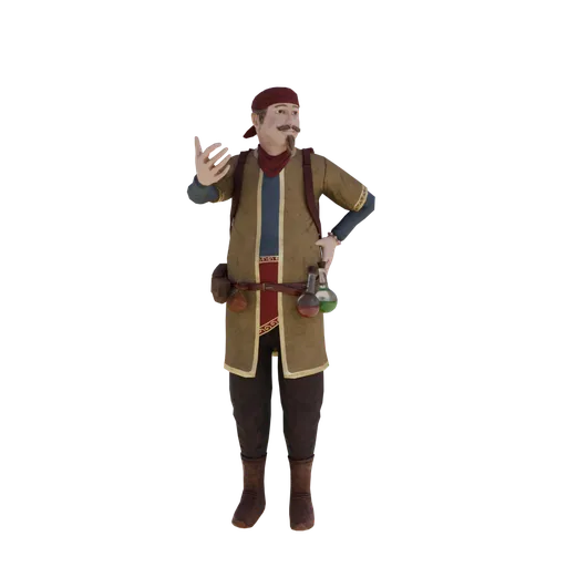 3D modeled medieval man in period attire, ideal for Blender graphics, with detailed textures and accessories.