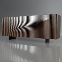 "Speed Up Sideboard Wood", a wooden cabinet designed by Sacha Lakic featuring a unique facade of 64 solid oak slats, hand-assembled onto a black or white structure. This 3D model in Blender 3D showcases the twisted rays and finely textured surfaces of the award-winning piece, in a style of simplified realism. Perfect for hall or living room decor.