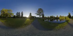 360° HDR image of a sunset at a park with trees and a reflective lake for lighting scenes.