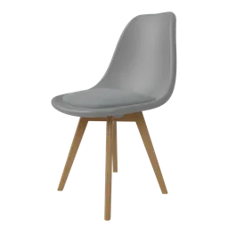 Realistic 3D model of a modern chair with wooden legs and comfortable grey seat for Blender rendering.