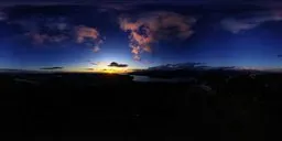 360° urban HDR panorama of a vibrant sunset skyline with expansive cloud formations for scene lighting.