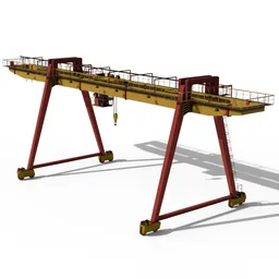 "Red and yellow shipping crane model for Blender 3D. Realistic rendering on a white surface, suitable for docks and shipping containers. Procedural material for easy customization."