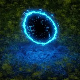 "Explore the fantasy world with Procedural Portal, a high-resolution 3D model created with Blender shader and geometry nodes. Featuring a blue ring of light, explosive lightning spell, glowing blue veins, and dark forests surrounding, this phantasmagoric RPG item is perfect for your 3D rendering needs."