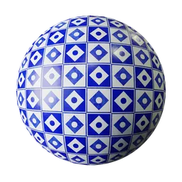High-resolution blue and white PBR porcelain tile material with diamond and circle designs for 3D modeling.