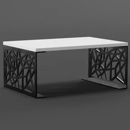 "White and black coffee table with a parametric structure and intricate details. Featuring a voronoi pattern on the sides. Ideal 3D model for Blender 3D enthusiasts seeking an elegant and modern table design."
