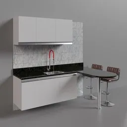 Detailed 3D rendering of a modern kitchen set with bar stools, ideal for Blender 3D modeling and interior design visualization.