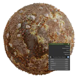 Highly detailed PBR soil material with rocks and moss for 3D artists, fully procedural for Blender renderings.
