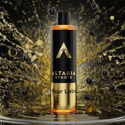 Dynamic Blender 3D product mockup scene with splashing liquid and floating spheres around a labeled cosmetic bottle.