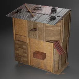 "Get the gritty, urban feel with this 2k PBR house 3D model designed for Blender 3D. Featuring a small wooden building with a metal roof and flag, inspired by Charles W. Bartlett's shanty townships and damaged buildings. Perfect for asset and background creation."
