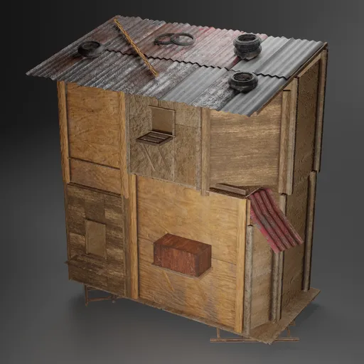 Detailed 3D slum house model with weathered textures for Blender urban scenery projects.