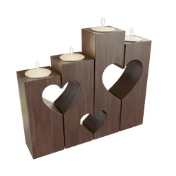 "Table lamp 3D model featuring a wooden block with three candles and heart-shaped holes, perfect for a cozy home ambiance. Created by Kees Maks in Blender 3D, with realistic textures and intricate details. Ideal for CNC plasma cutting and vector art design projects."