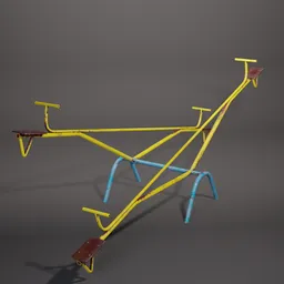 "Vintage swing model for Blender 3D, featuring a weathered, rusted yellow frame. Reminiscent of Soviet-era playgrounds in Czechoslovakia, this 3D model includes details such as ladders, balance beams, and a Soviet-era bike with a red handle."