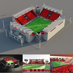 "Low poly soccer stadium 3D model for Blender 3D. Features grandstands, soccer field, ball, scoreboard, and flags with cloth simulation. Realistically shaded and inspired by Russian constructivism."