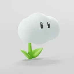 Stylized 3D model of a cloud-shaped plant with eyes, rendered in Blender, inspired by popular video games.
