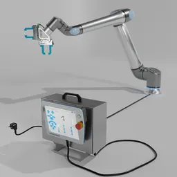 "Explore the Universal Robots UR20 3D model - the largest and most powerful cobot from Universal Robots equipped with 2 pneumatic grippers from Schunk PGN-plus-p and a control cabinet. This professional product photo depicts a close-up of the rigged and fully functional robot with a factory background and variable lighting, perfect for use in Blender 3D."