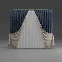 "Realistic Persian Blue Curtain 3D model with metal joints and double layer fold over hem. Perfect for interior spaces in residences and apartments. Designed for Blender 3D software and inspired by Robert C. Barnfield's ballroom style."