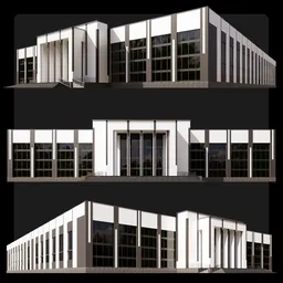 "Modern 3D model of a Sport Complex building by M3D, designed in Blender 3D. This public facility features a sleek and simple design with a roof, ramp, and metallic shutters. Inspired by neo-classical architecture, this detailed data center is perfect for virtual sports or gaming environments."
