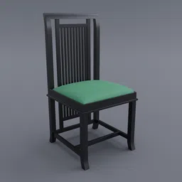 Realistic 3D model of a vintage high-back chair with vertical slats and green cushion, compatible with Blender.