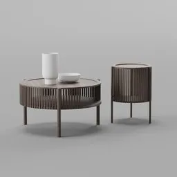 3D-rendered wooden coffee tables, one with dishes, for Blender modeling and interior design visualizations.