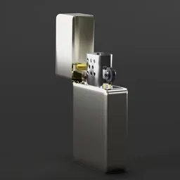 Highly detailed Blender 3D model of an open metal cigarette lighter with visible intricate internal mechanics.