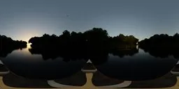 Tranquil dawn river scene with reflections in HDR for realistic lighting in 3D visualization and graphics.